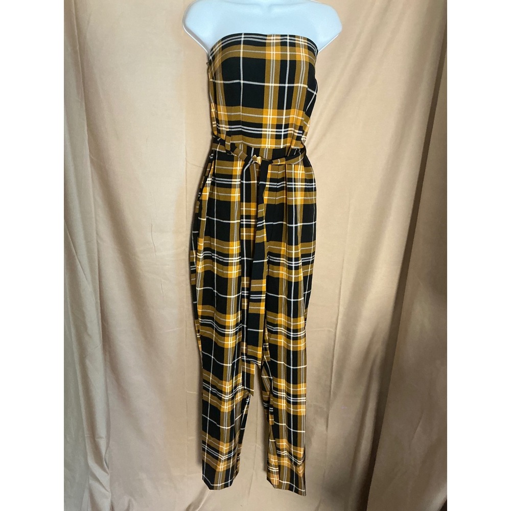 Plaid Strapless Jumpsuit Womens Size 0 Mustard Yellow Black Excellent Tie Waist